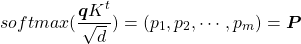 \begin{equation*}softmax(\frac{\boldsymbol{q}K^t}{\sqrt{d}})=(p_1,p_2,\cdots,p_m)=\boldsymbol{P}\end{equation*}