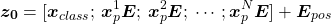 \begin{equation*}\boldsymbol{z_{0}} = [\boldsymbol{x}_{class};\: \boldsymbol{x}_{p}^1\boldsymbol{E};\: \boldsymbol{x}_{p}^2\boldsymbol{E};\: \cdots; \boldsymbol{x}_{p}^N\boldsymbol{E}] + \boldsymbol{E}_{pos}\end{equation*}
