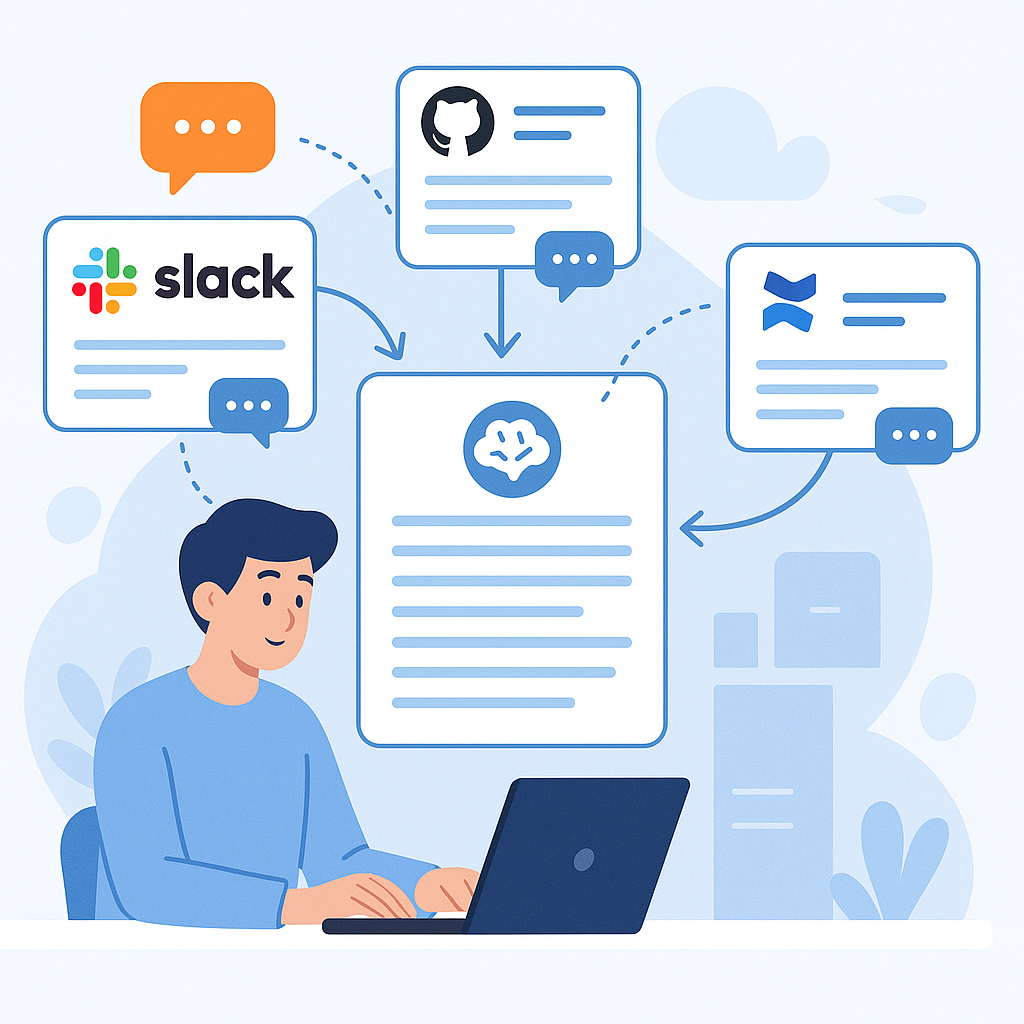 散らばったSlack・GitHub・Confluenceの議論が、AIによって一つのWiki知識ベースに整理・統合されていくイメージ