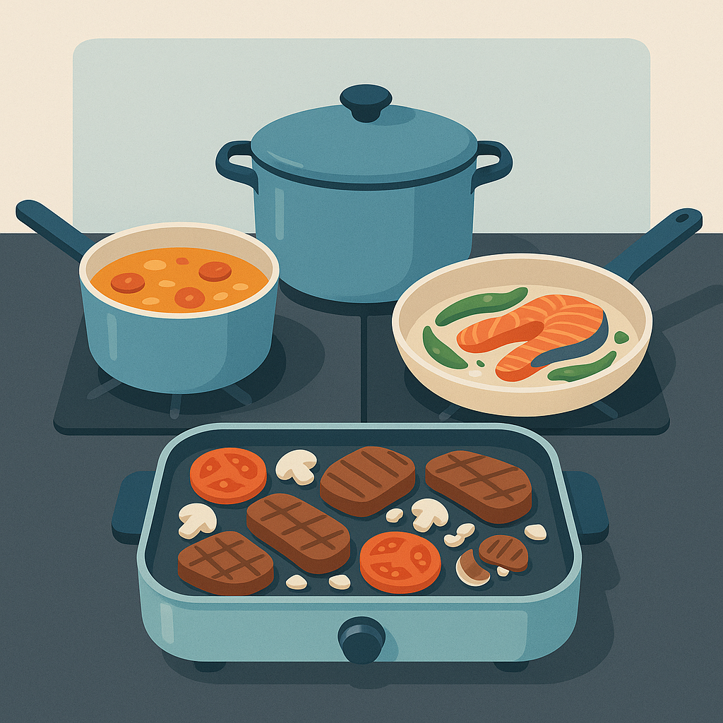 料理台(Pydantic AI)の上に置かれた調理器具(Jevモデル)のイメージ。複数の料理を同時に調理している様子