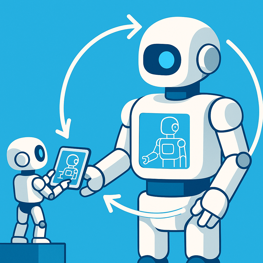 AIの自己改善ループが加速していくイメージ。小さなロボットがどんどん大きな自分自身を設計・構築していく概念図