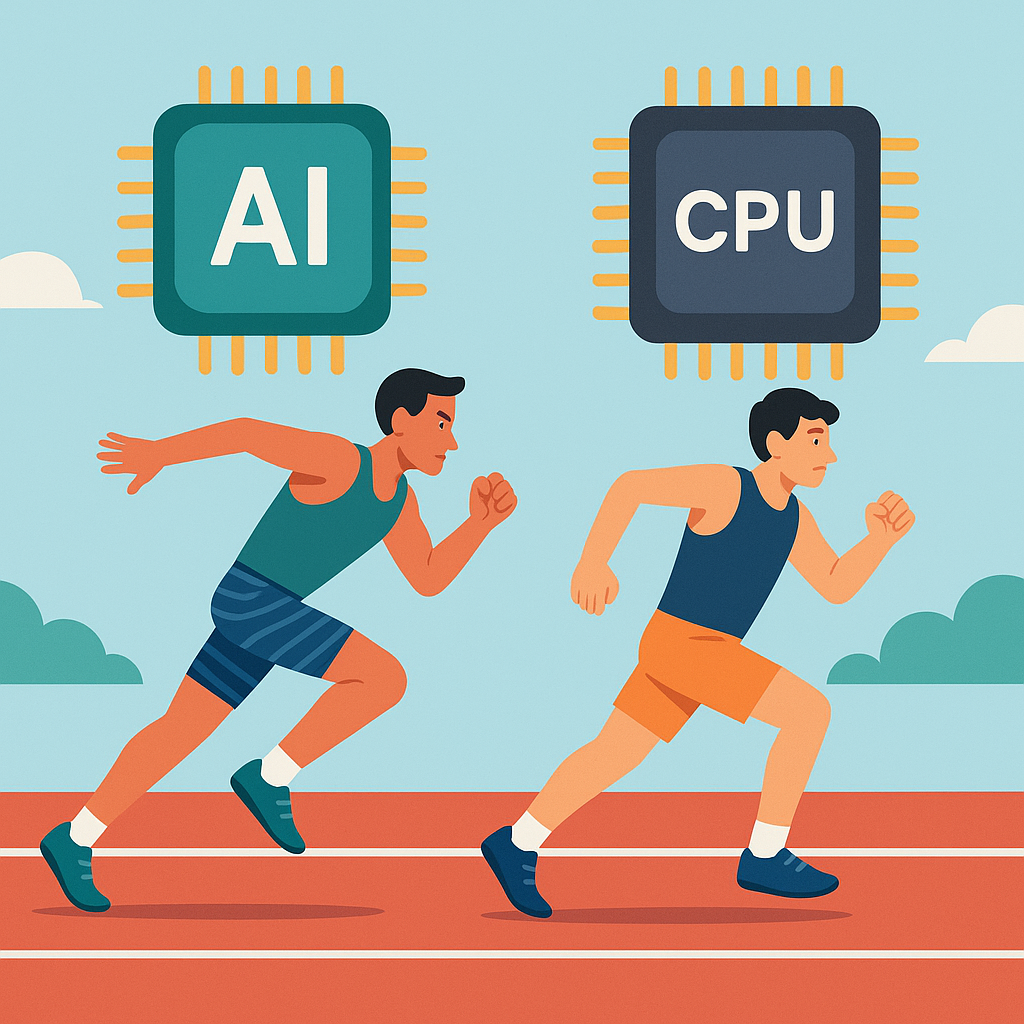 スプリントする選手とオールラウンド選手を並べた比喩イラスト。AIチップ（専門特化）と汎用CPUの違いを表す