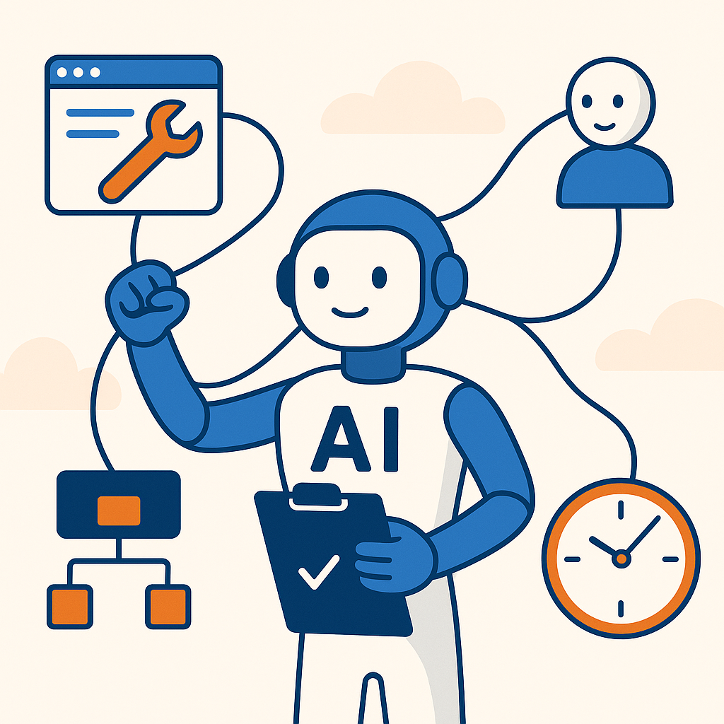 AIエージェントが複数のツールやサブエージェントを束ねて長時間タスクをこなすイメージ図
