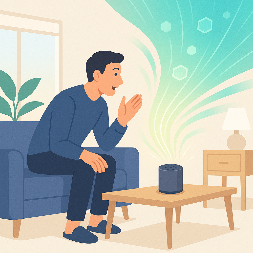 リビングに置かれたスマートスピーカーに人が話しかけ、ChatGPTの応答が光のイメージで広がるイラスト