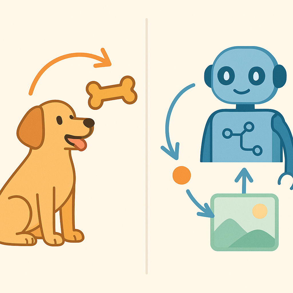 犬のしつけと強化学習の対応関係を示す図。左に犬とご褒美(報酬)、右にAIエージェントと環境・報酬シグナルを並べたわかりやすい比較イラスト