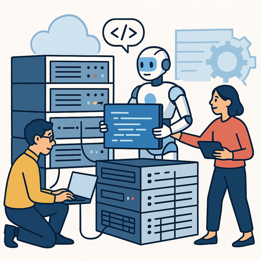 2人のエンジニアがAIコーディングエージェントと協力して巨大なサーバーシステムを構築・移行しているイメージ