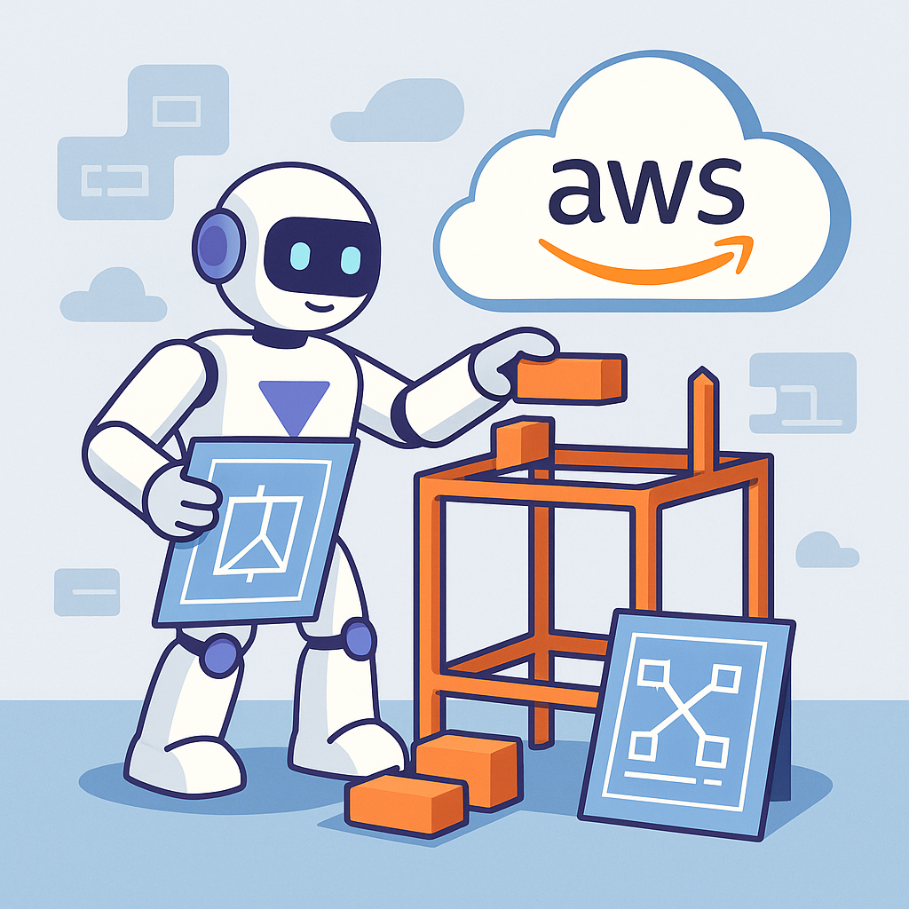AIが設計図付きの建材セットを組み立ててAWSアプリの骨格を生成するイメージ