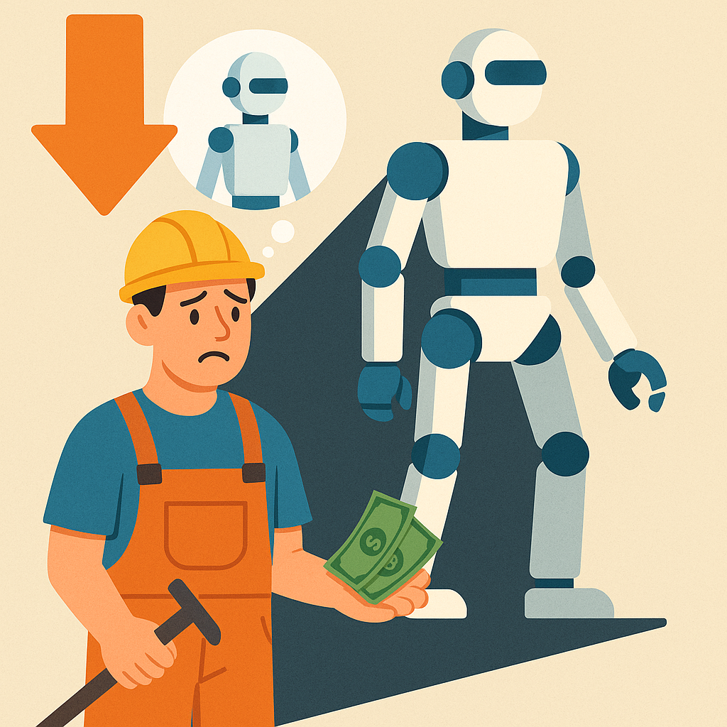 低賃金の現場労働者とロボット代替リスクの二重構造を表すイメージ