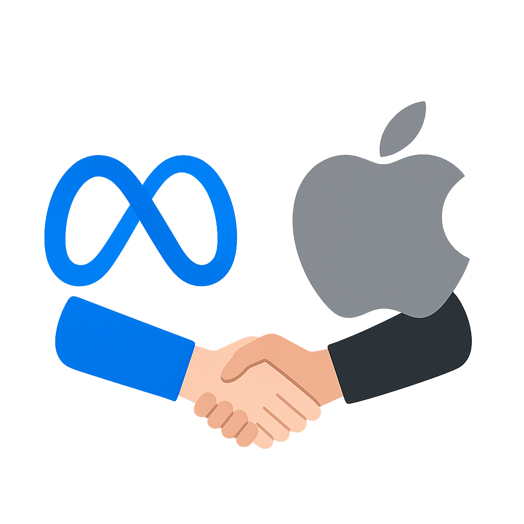 MetaとAppleのロゴが握手するイメージ。両社の協業関係を示すイラスト