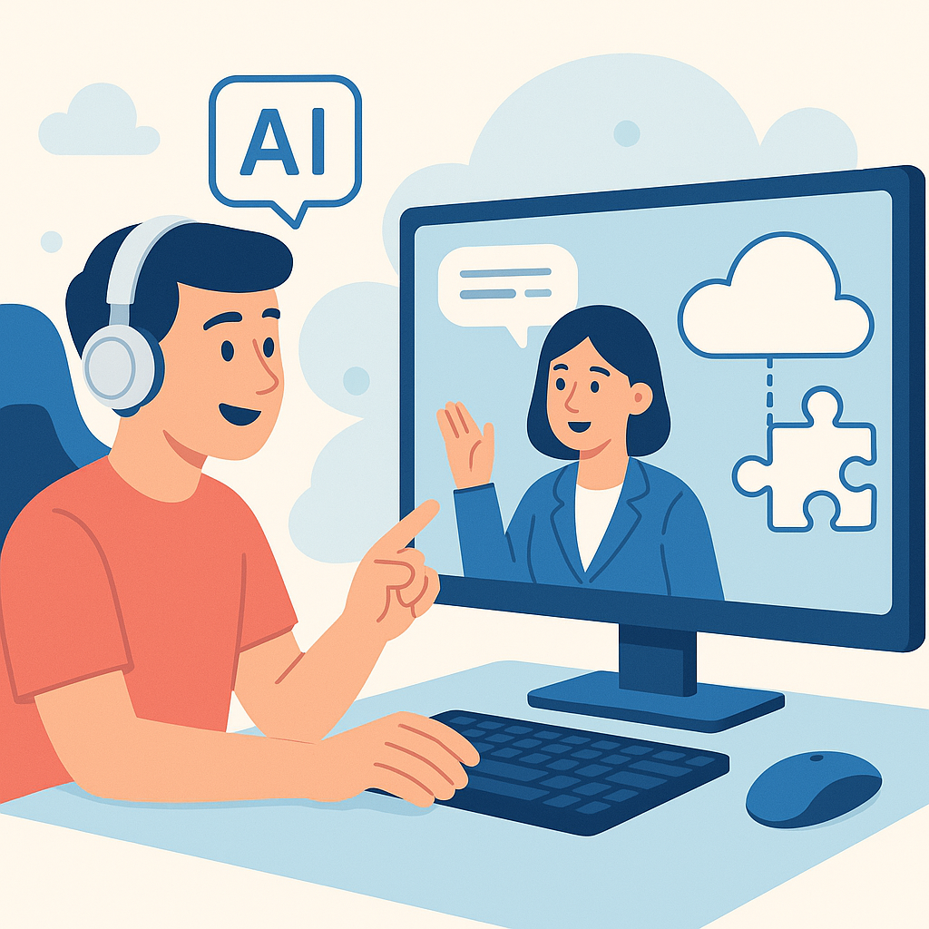 ゲームの中でAIキャラクターと会話しながらクラウドの課題を解いているプレイヤーのイメージ
