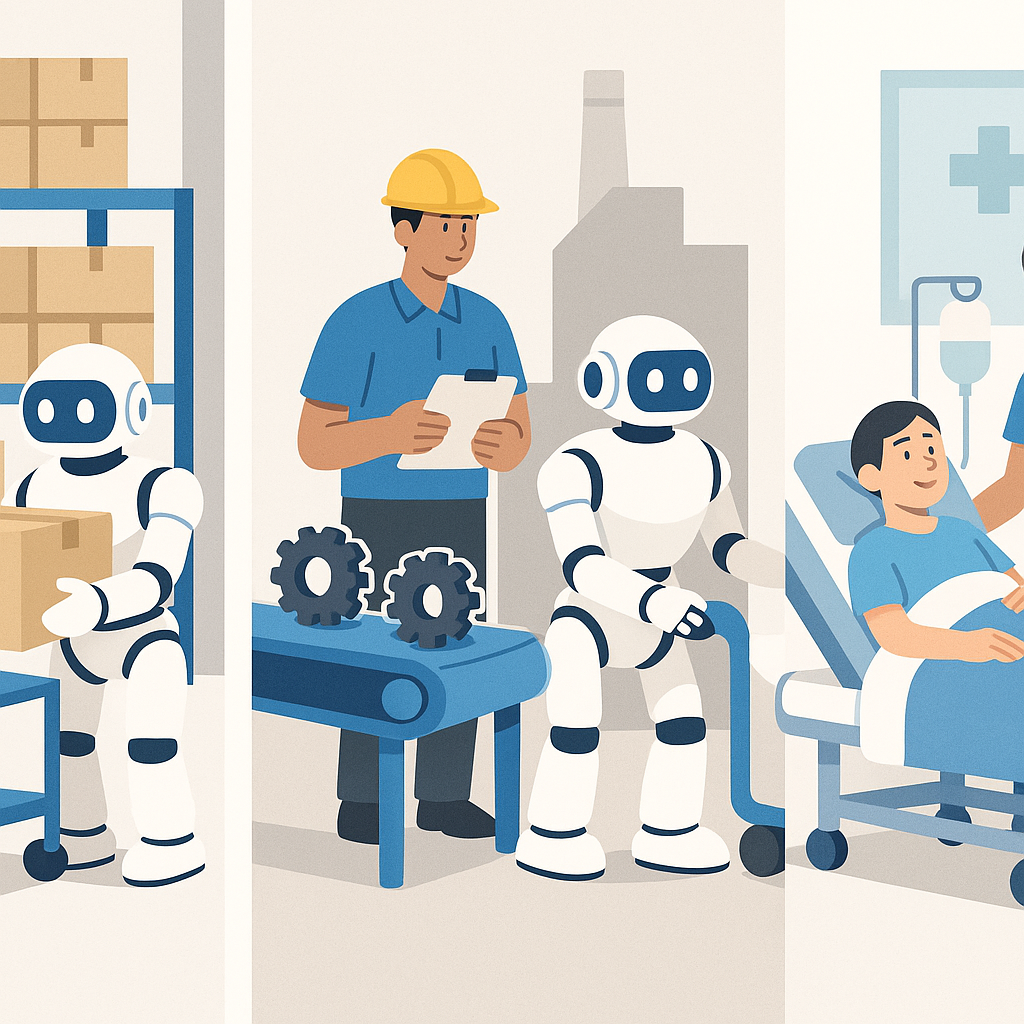 倉庫・工場・医療現場など様々な業界でフィジカルAIロボットが活躍しているイメージ図