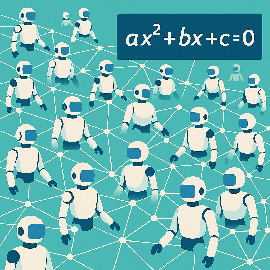 無数のAIエージェントが網の目のようにつながり、巨大な数式に向かって並列で取り組んでいるイメージ図
