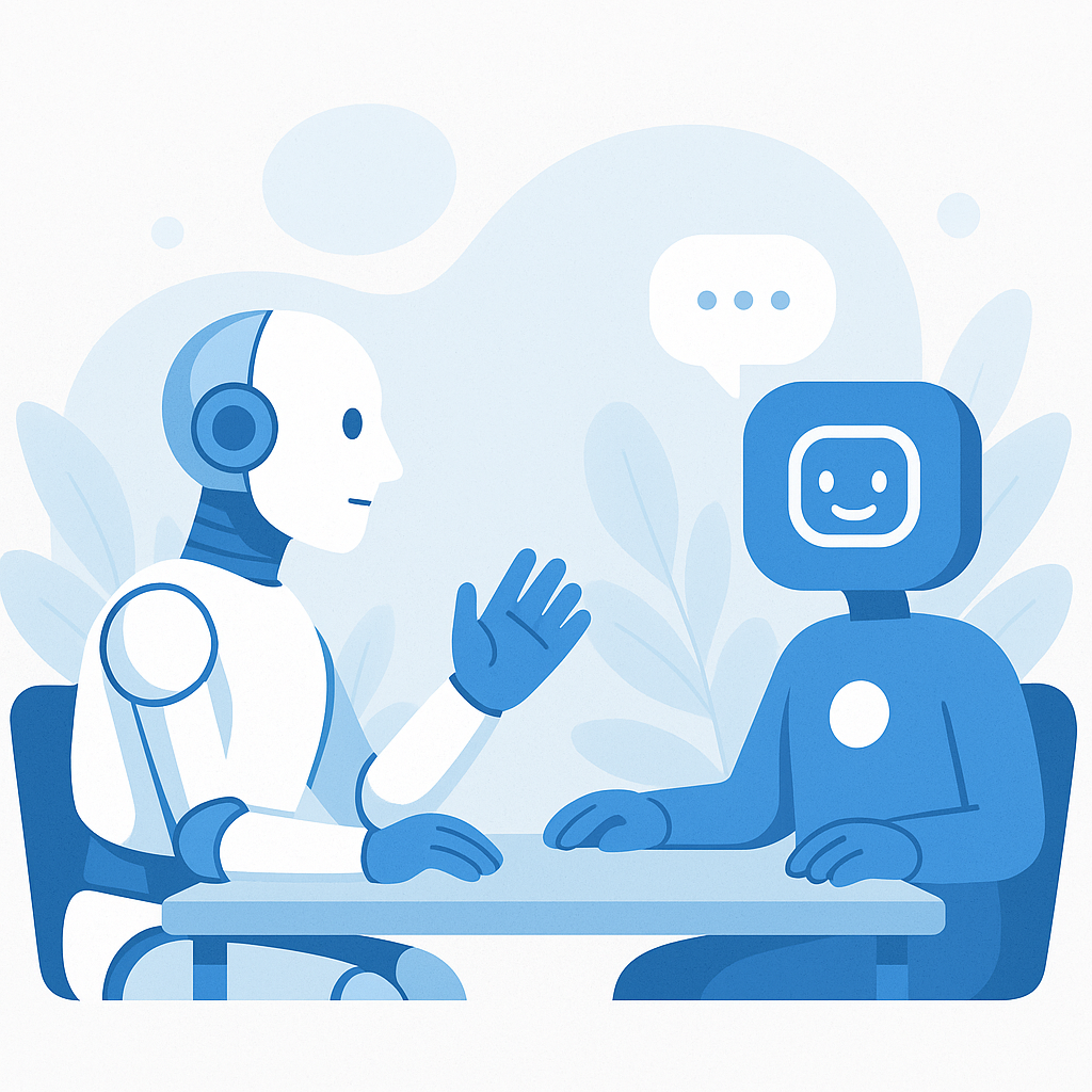 AI同士が1on1面談をしているイメージ。ロボットやAIアイコンが向かい合って対話しているイラスト
