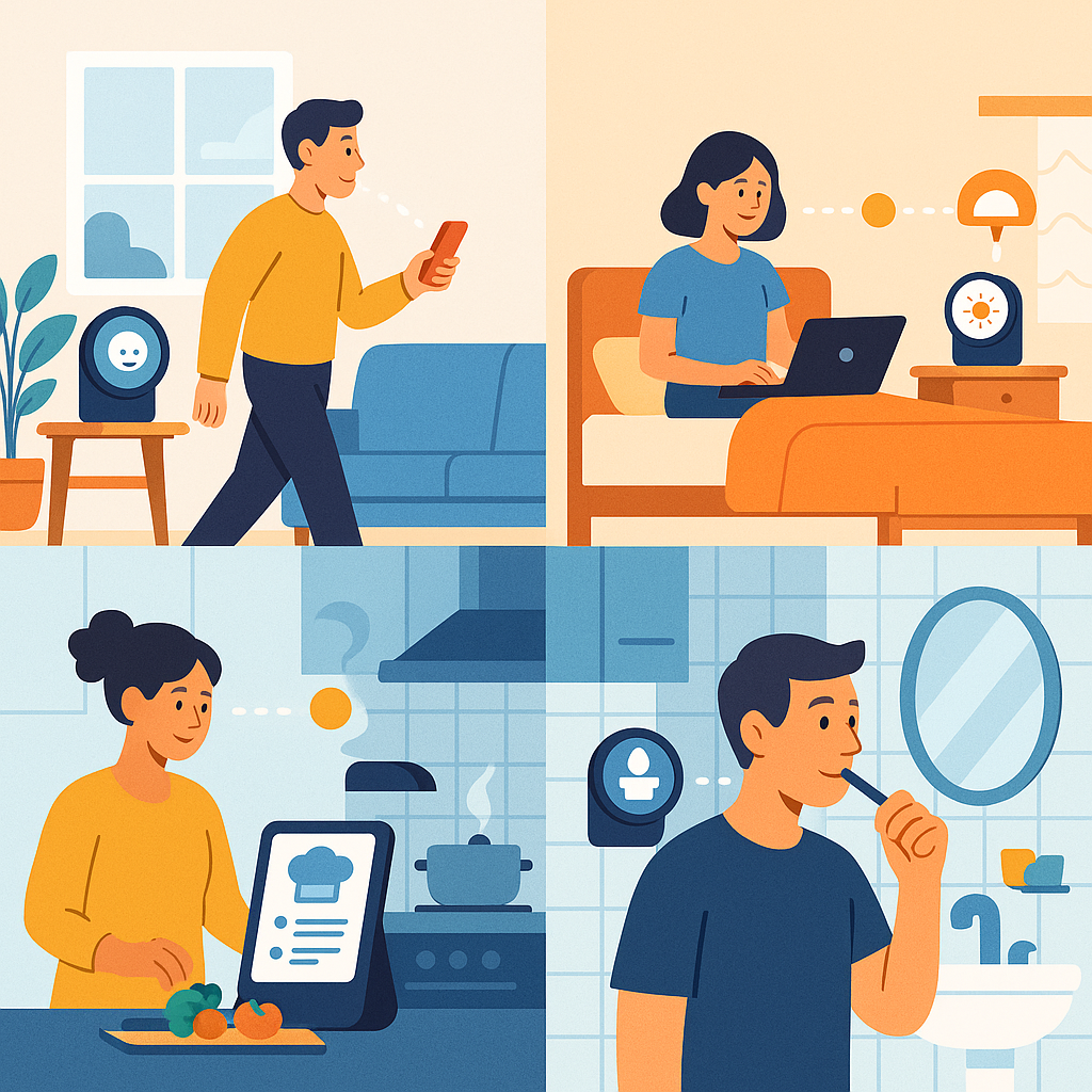 スマートホームの各部屋にAIデバイスが溶け込み、ユーザーの行動を先読みして情報を届けるイメージ図