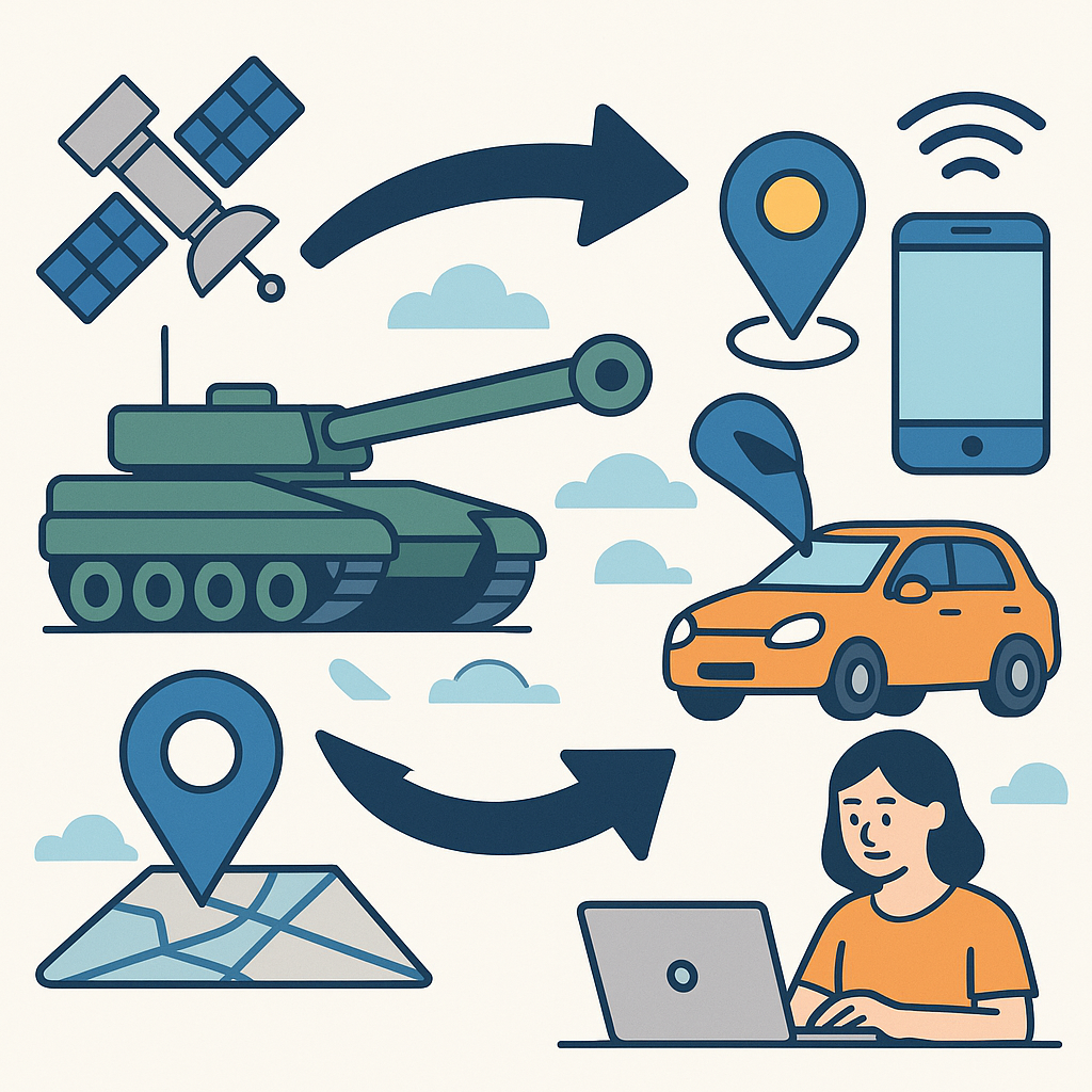 軍事技術が民間技術に転用される流れを示すスピンオフのイメージ(GPSや通信技術の例を含む)